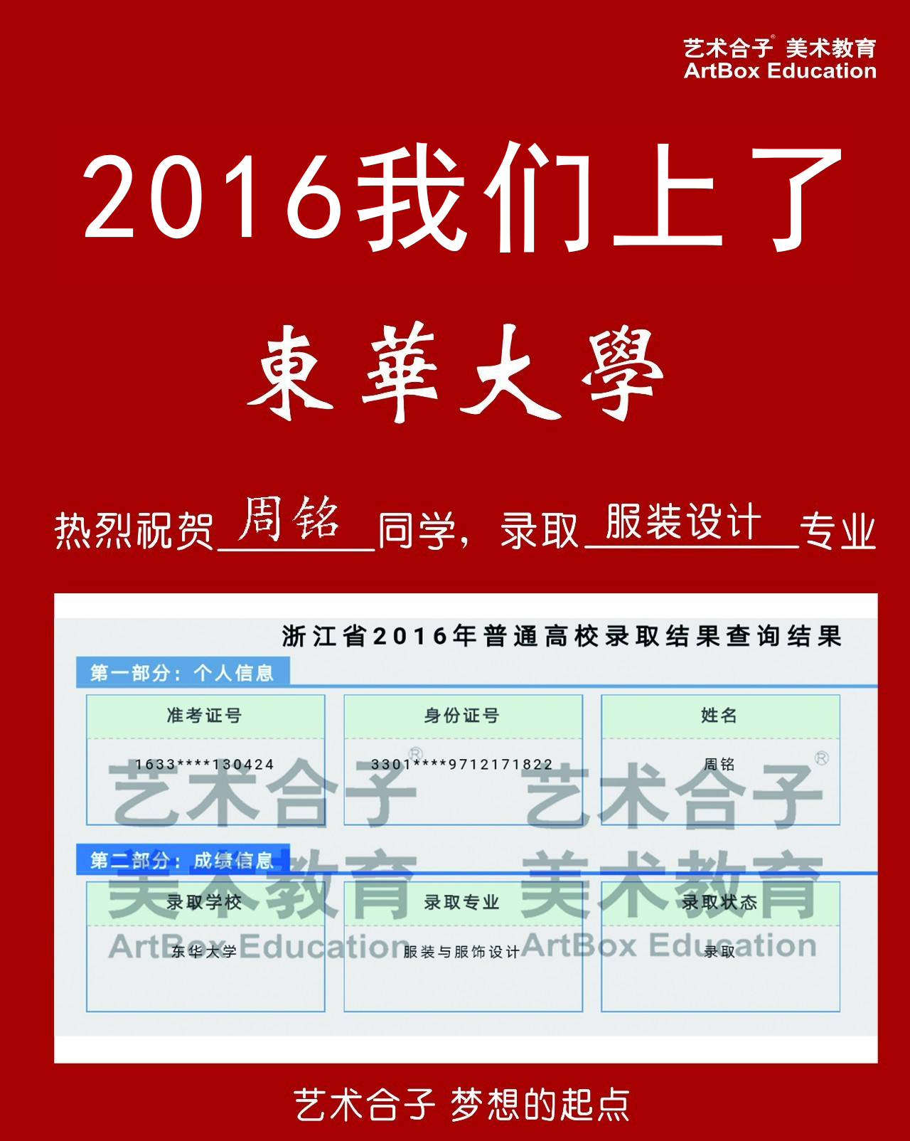 2016上海艺术合子画室美术高考校考东华大学录取成绩