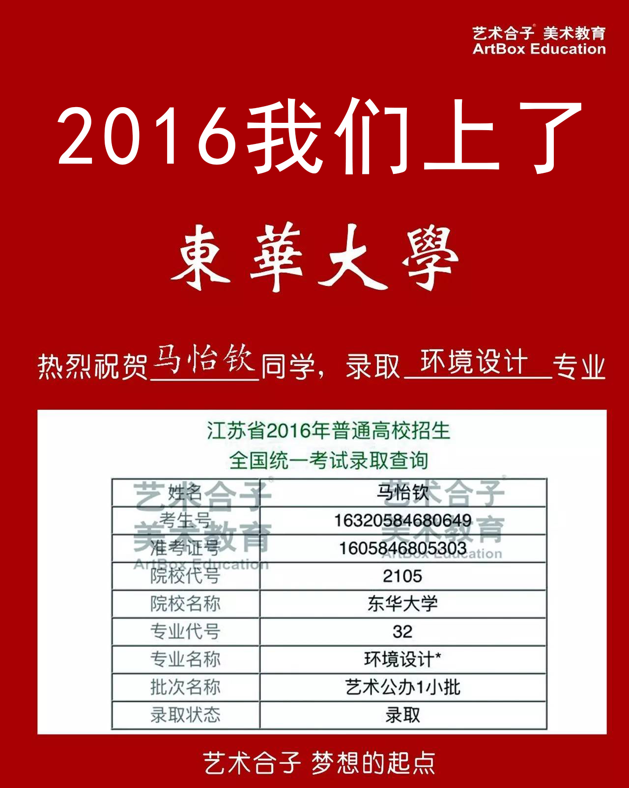 2016上海艺术合子画室美术高考校考东华大学录取成绩