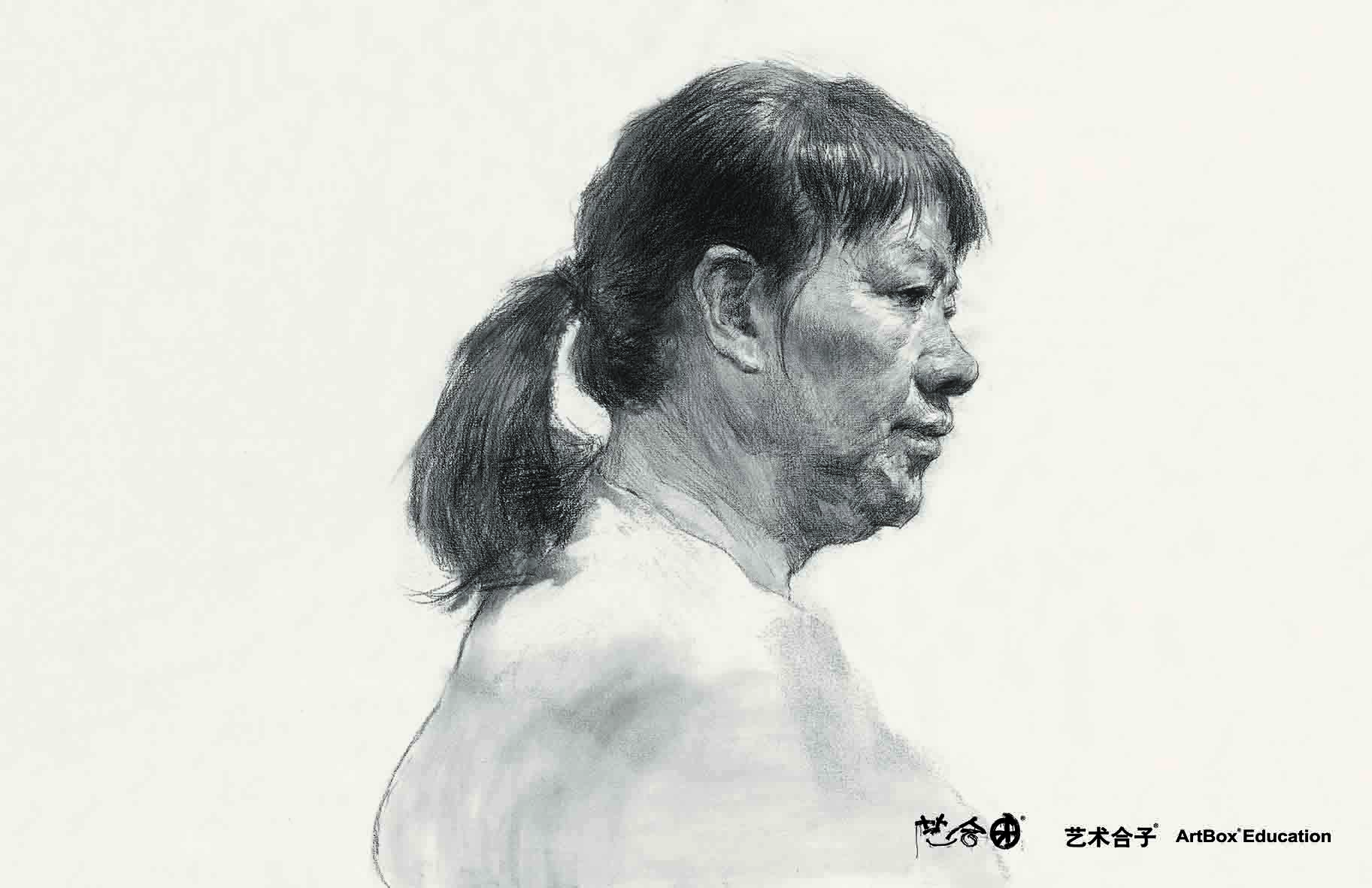 艺术合子李靖素描半身女性侧脸头像写实